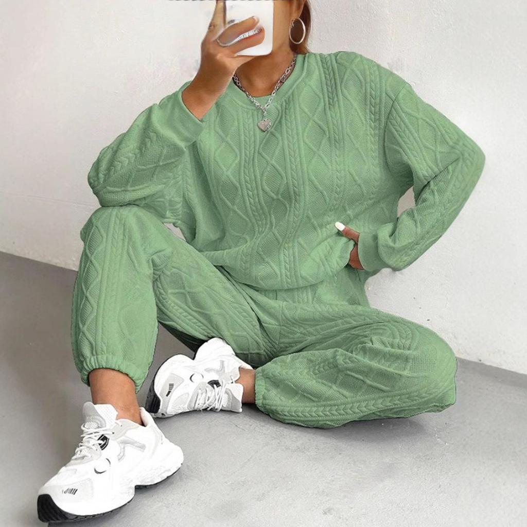 2025 Women's Cable Knit Patchwork Crew Neck Top & Jogger Set - Spring/Autumn