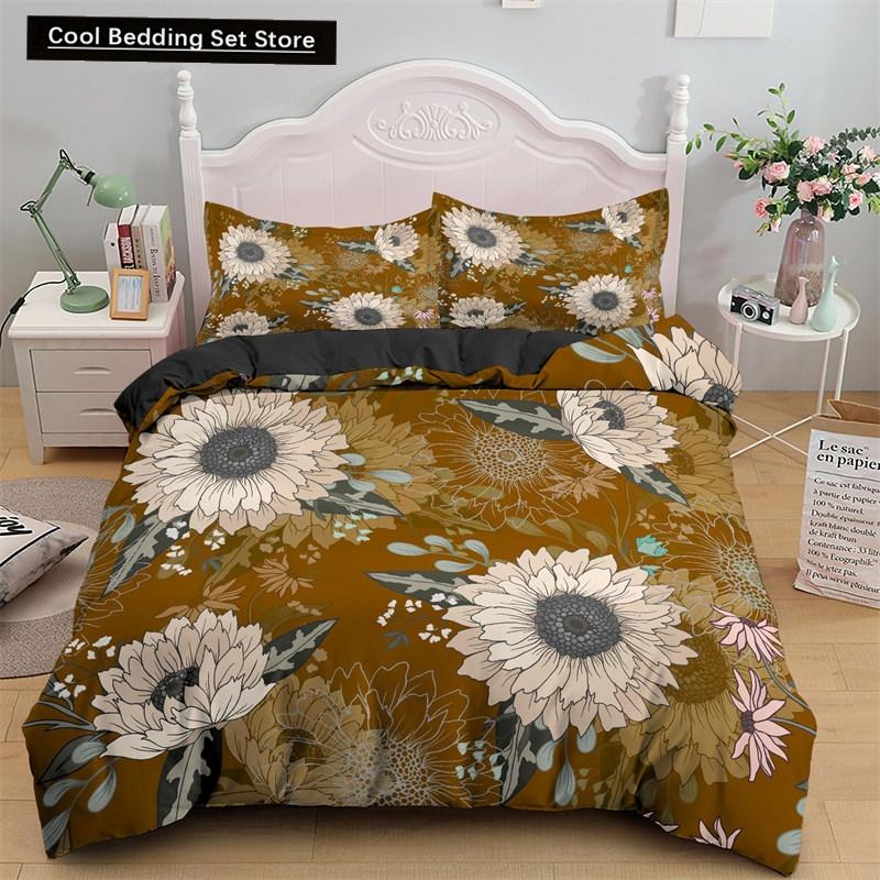 3D Sunflower King Queen Duvet Cover Yellow Flowers Bedding Set  Floral Green Leaves Comforter Cover 2/3pcs Polyester Quilt Cover