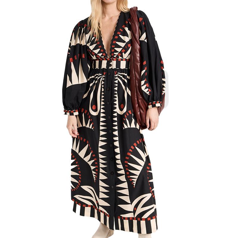 

YYFS Женская мода весна-осень цветные блоки принт длинный рукав поло воротник высокая талия повседневные платья XXXL