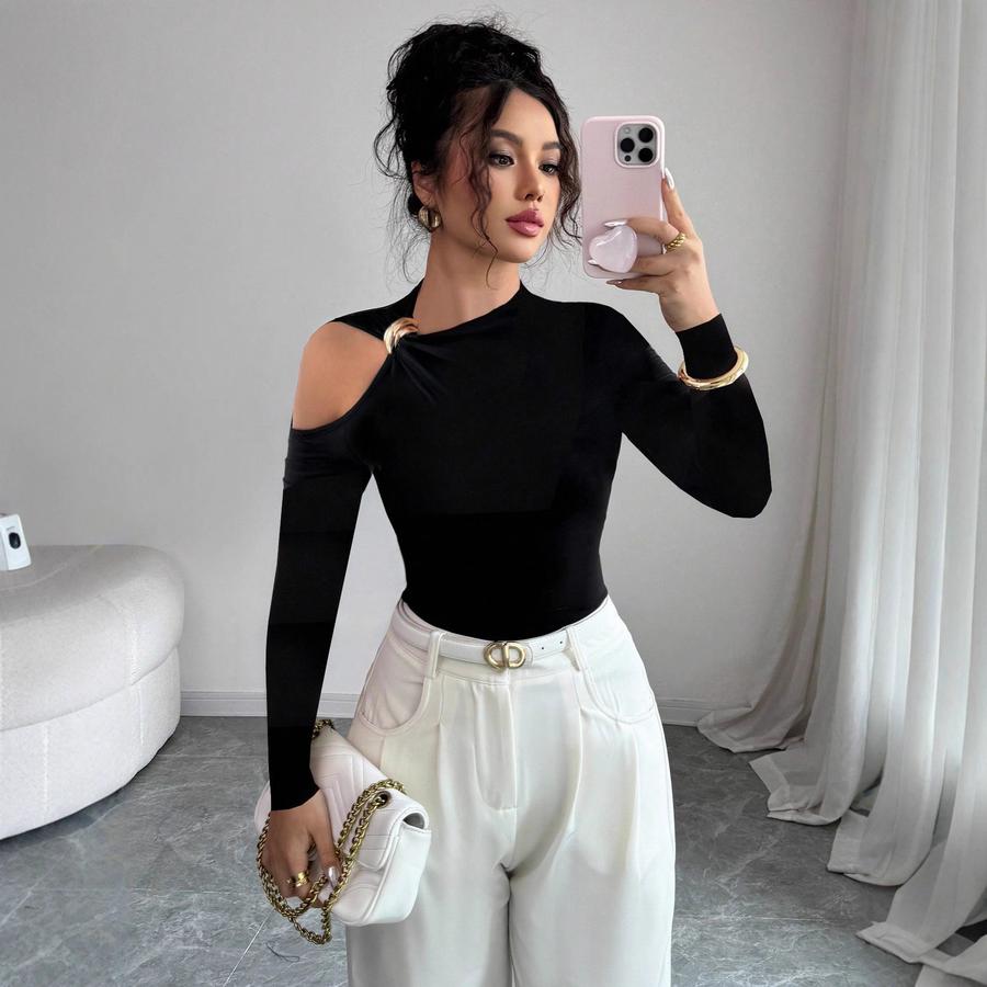 

Autumn Winter Asymmetric Neck One-Shoulder Exposed Shoulder Metal Decoration Slim Fit Trousers Top XL чорний