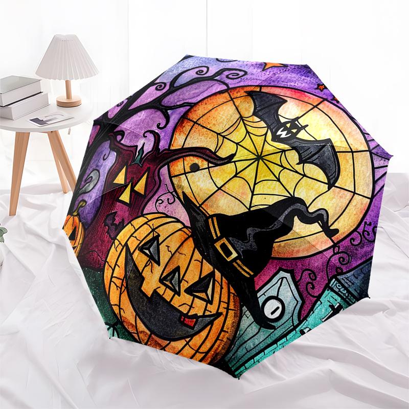 Stained Glass Window Decal - spooky pumpkins, bats & haunted house window cling for fall home decor