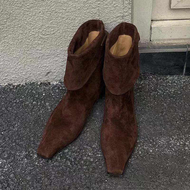 Sheepskin Edition~ Niche Chelsea Boots Skinny Boots Women's Short Boots Autumn and Winter Flat Bottom Square Head Western Cowboy Boots