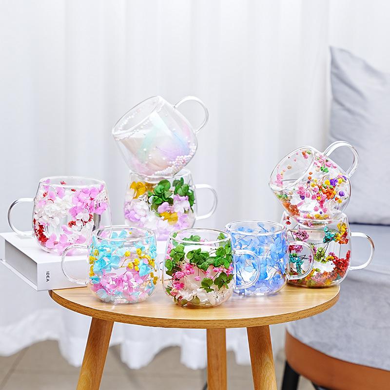 Dried Flower Hot Coffee Cups for Hot Drinks Tea 250ml Cofee Cup Borosilicate Glass Vasos Para Cafe Office Beverage Mug
