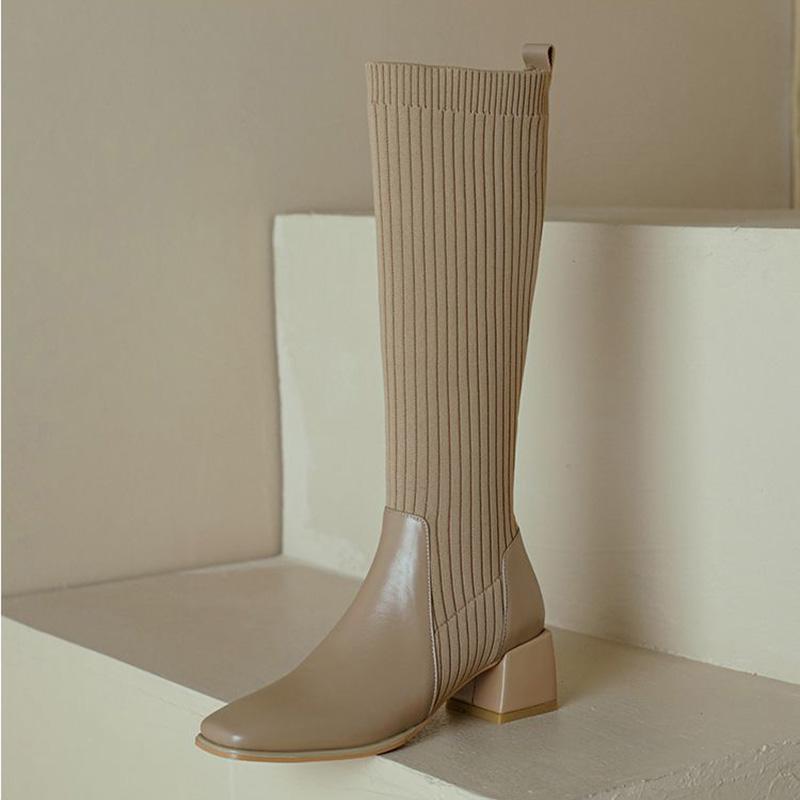 Sock Women Knee High Boots Fashion Slip On Long Booties Vintage Square Heels Ladies Shoes