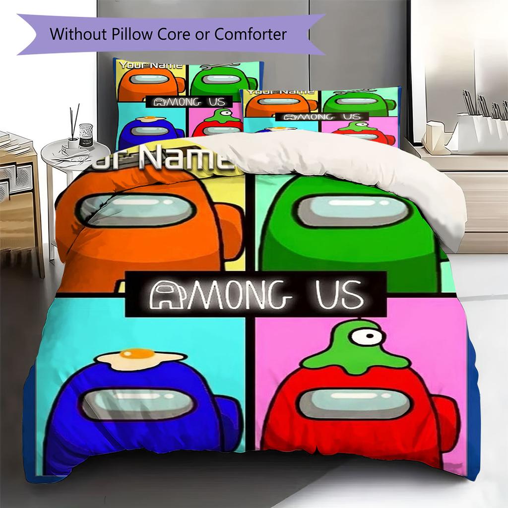Among Us Custom Name Pattern Bedding,Quilt Set Quilt Cover Pillowcase Home Birthday Gift(1 * Duvet Cover + 2 * Pillowcase, Without Core)