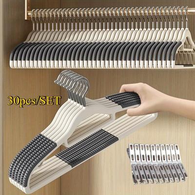 30 Stück Anti-Rutsch-Kleiderbügel-Set - 10 Kleiderbügel + 20 Klammern, Hochbelastbare Samt-Kleiderbügel für Garderobe, Mehrere Farben