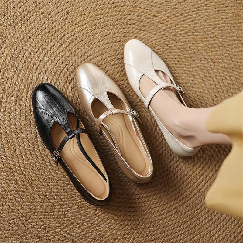 Fashion New Spring/Summer Genuine Leather Women Pumps Shoes for Women Fashion Retro Round Toe Mary Jane Shoes Ladies Handmade Beige
