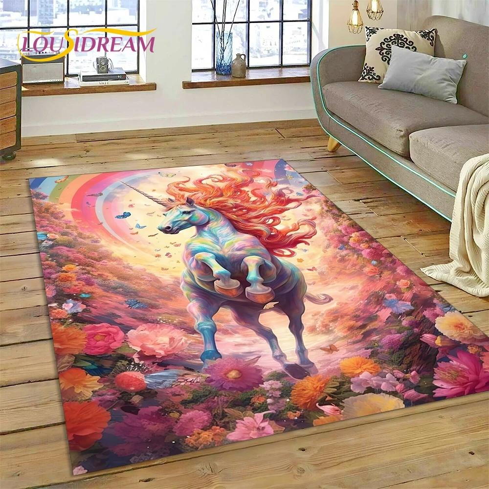 3D Uroczy Senny Jednorożec Kreskówkowa Dziewczynka Dywanik Dywan do Salonu Sypialni Dekoracja Domu, Mata Podłogowa Antypoślizgowa Dekoracja na Sofę Wycieraczka