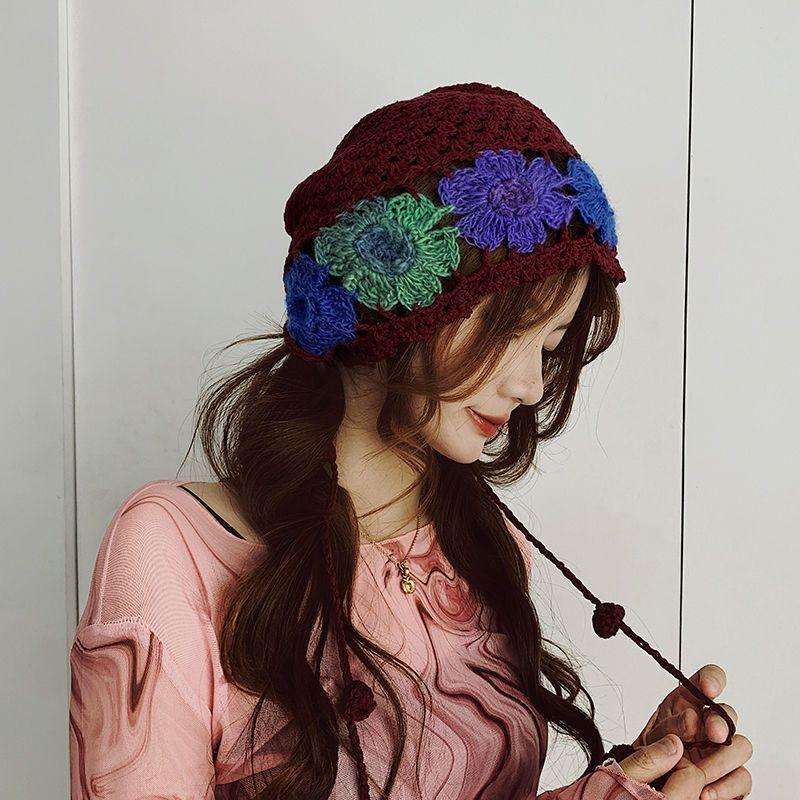 

Этнический стиль Ретро Ручная работа Крючком Цветочная Ажурная Вязаная Шапка для Женской Дорожной Фотографии Шапка one size