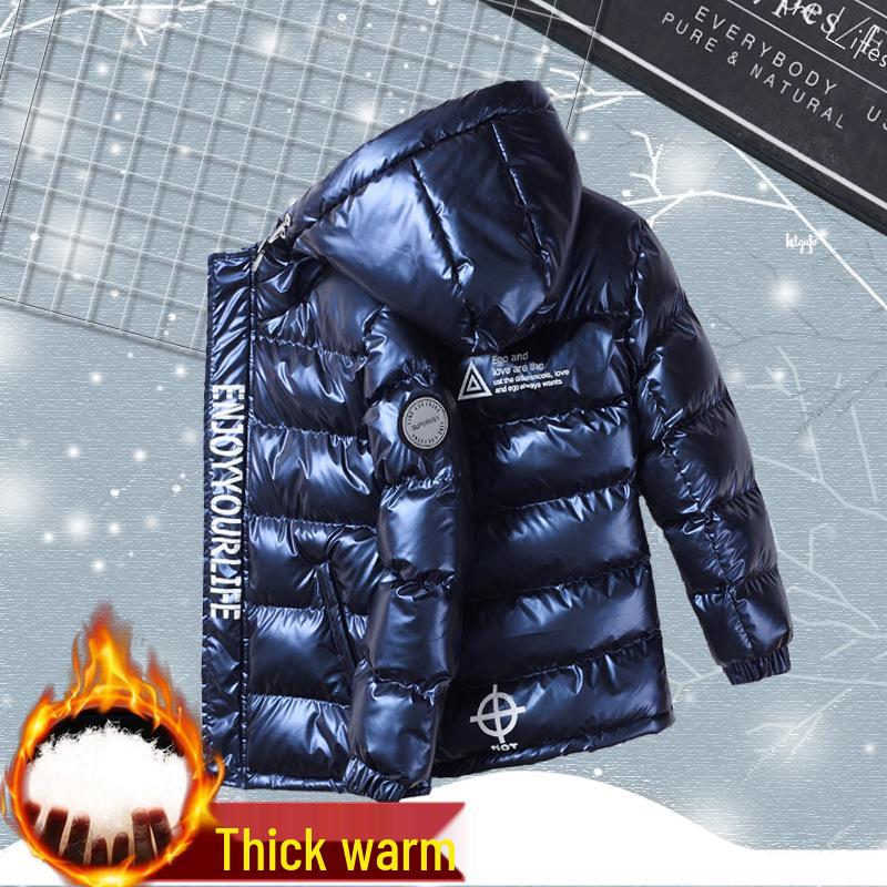 Boys' Hooded Winter Jacket - Thick, Warm, Cotton-Padded Coat with Shiny, Wash-Free Outerwear for Big Kids