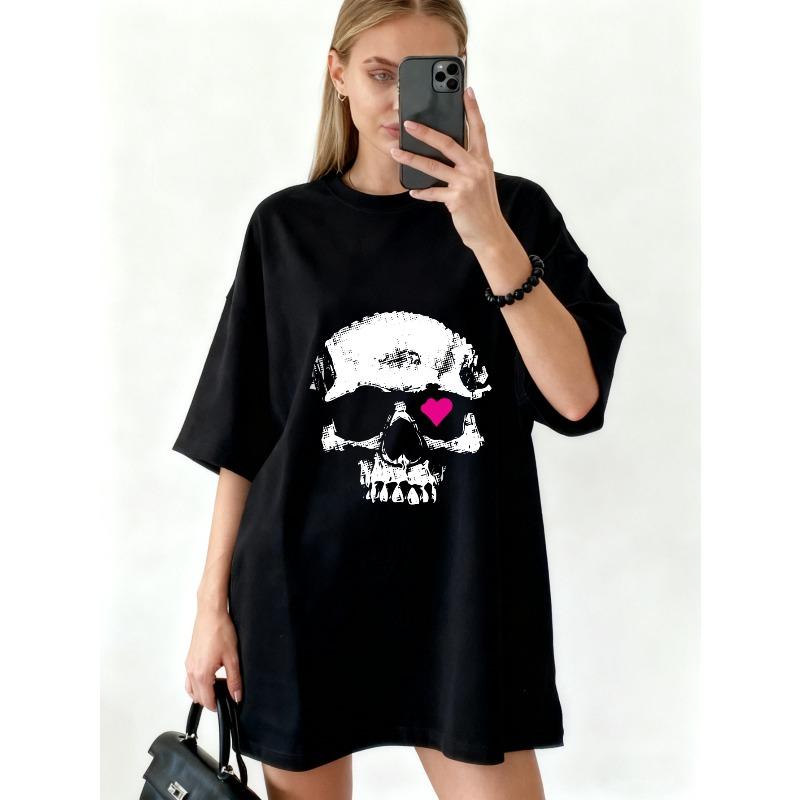 Oversized T Shirt Dress Black Skull With Pink Heart Print Casual Streetwear Style For Women