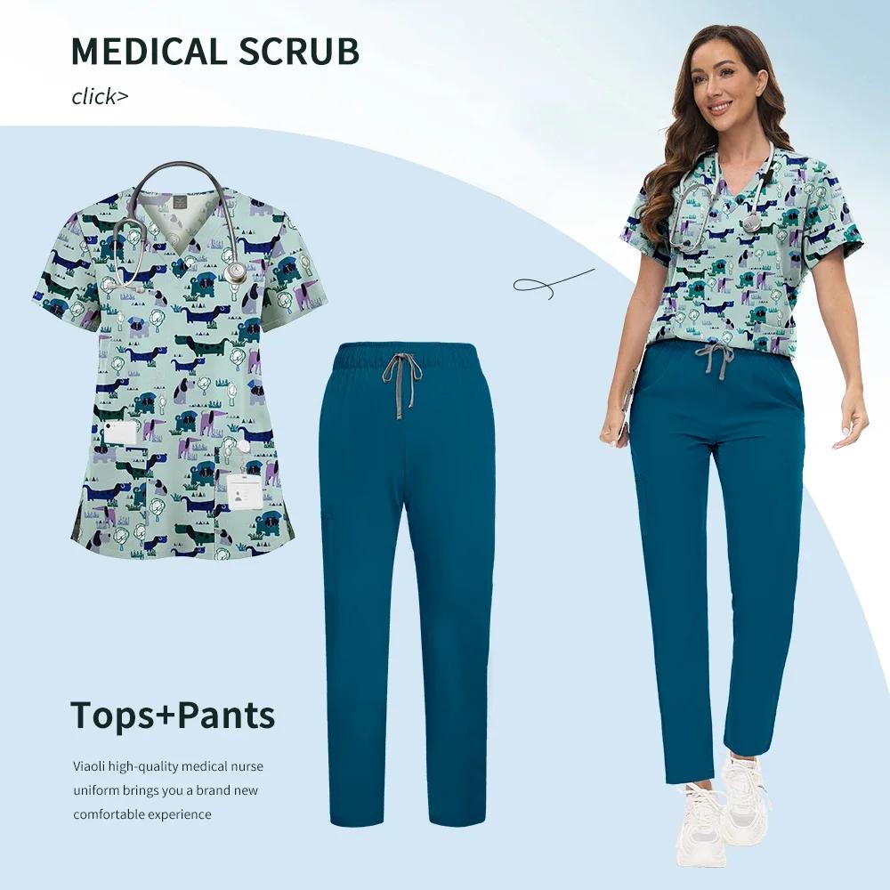 Printed Scrub Uniform Set V Neck Short Sleeves Pockets Top Medical Soft Scrub Pants Sets Nurse Surgical Uniforms Woman