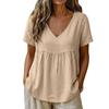 Women Embroidered Short Sleeve V Neck Relaxed Fit Pleated Pullover Blouse Summer Casual Loose Top for Daily Wear