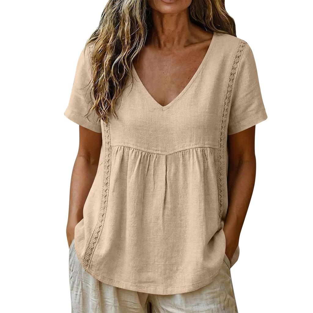 Women Embroidered Short Sleeve V Neck Relaxed Fit Pleated Pullover Blouse Summer Casual Loose Top for Daily Wear