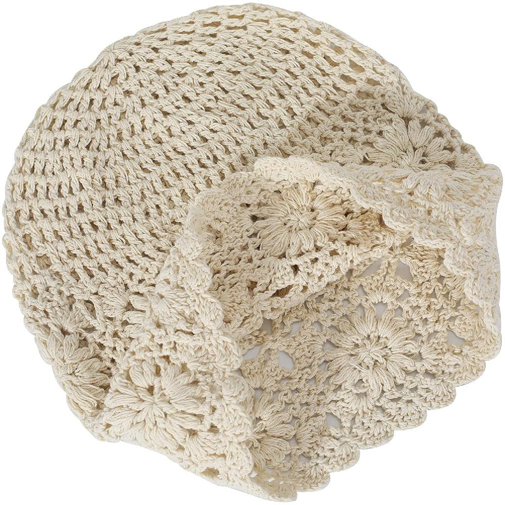 Damen-Mütze aus Baumwolle, gehäkelt, Slouchy, handgemachte Strickmütze mit Ausschnitt, Sommer-Blumen-Totenkopf-Mütze