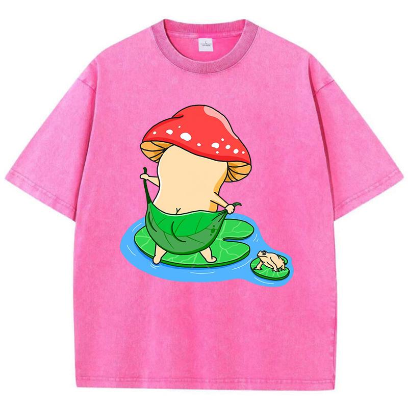 Bath Mushroom Cartoon Printing Women Washed T Shirt Cotton Oversized T-Shirt Casual  Top Summer Soft Streetwear