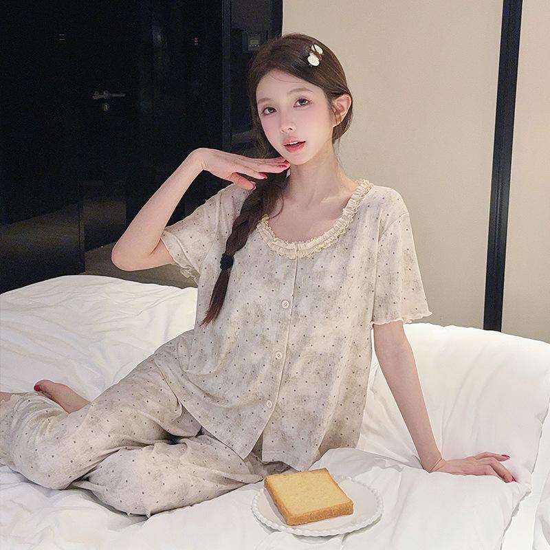 Oh Mi Da Modal cotton pajamas women's summer short-sleeved trousers high-end printed crew neck cardigan loungewear set