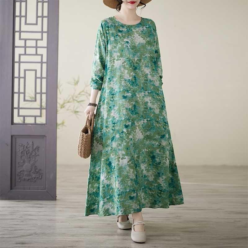 

Printed Round Neck Loose Plus Size Long Sleeve Plus Size Vacation Dresses 3XL