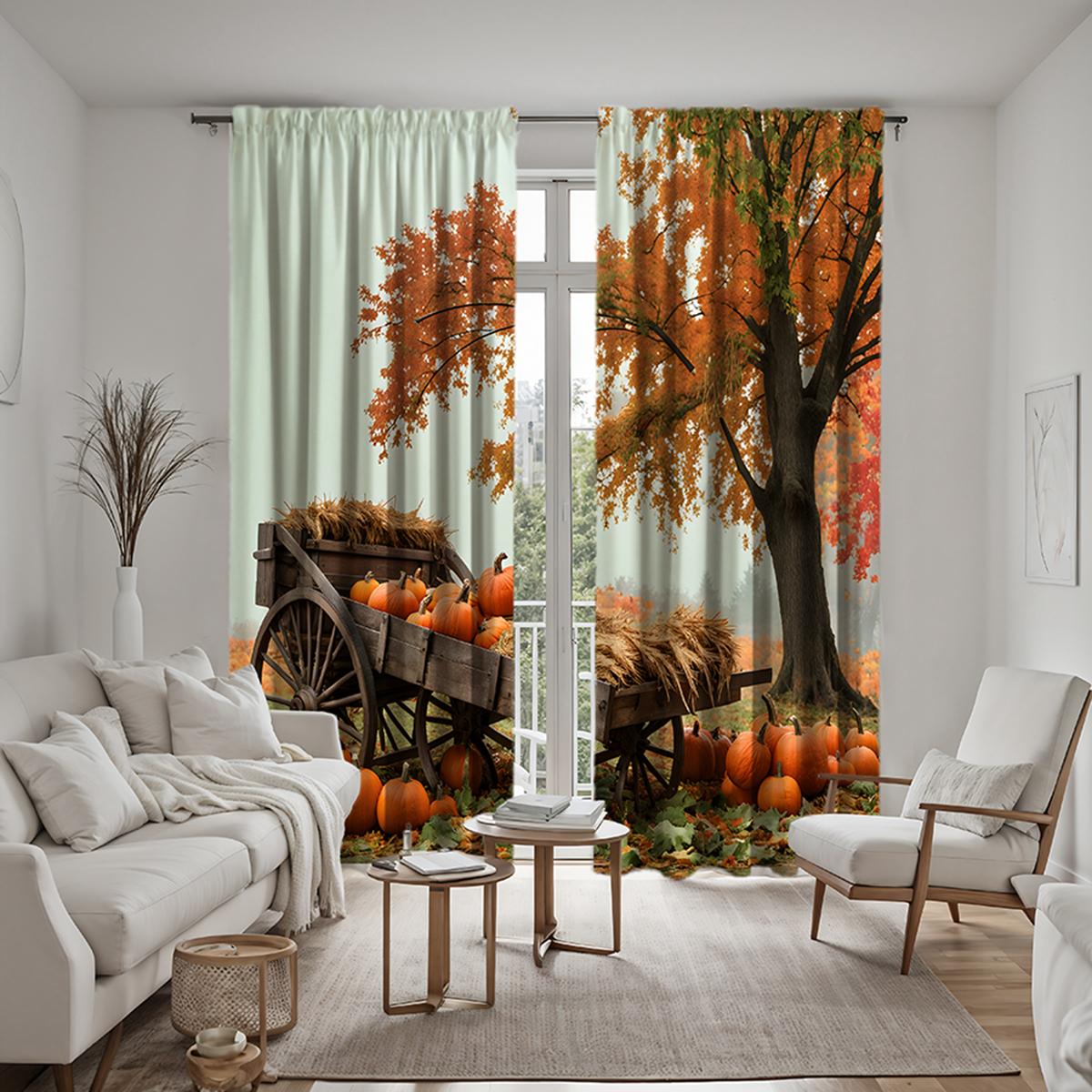 

Набор из 2 предметов HD День благодарения Урожай тыква деревянная тележка декоративная занавеска Желтая завязка цифровая печать занавеска украшение дома st W52H63inchW132H160cm