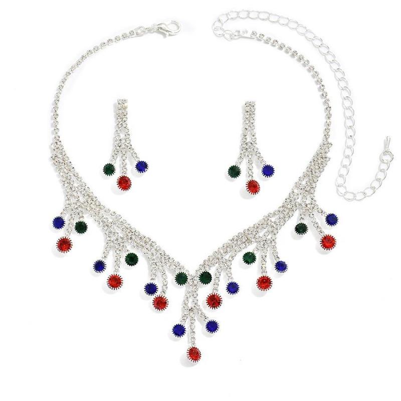 Color Fashion Necklace Earrings Set Wave Diamond Rhinestone Simple Necklace Women'S Dinner Necklace Accessories