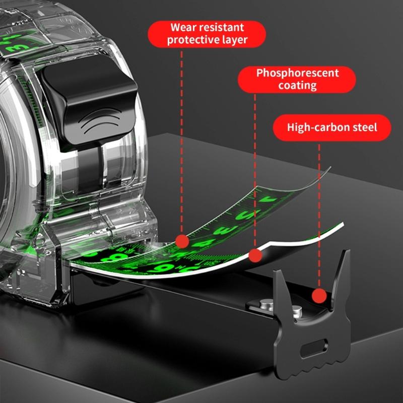 5m Transparent Tape Measure with Fluorescent Marking  Ruler Tape with Auto Lock Easy To Use for Low Light Environment
