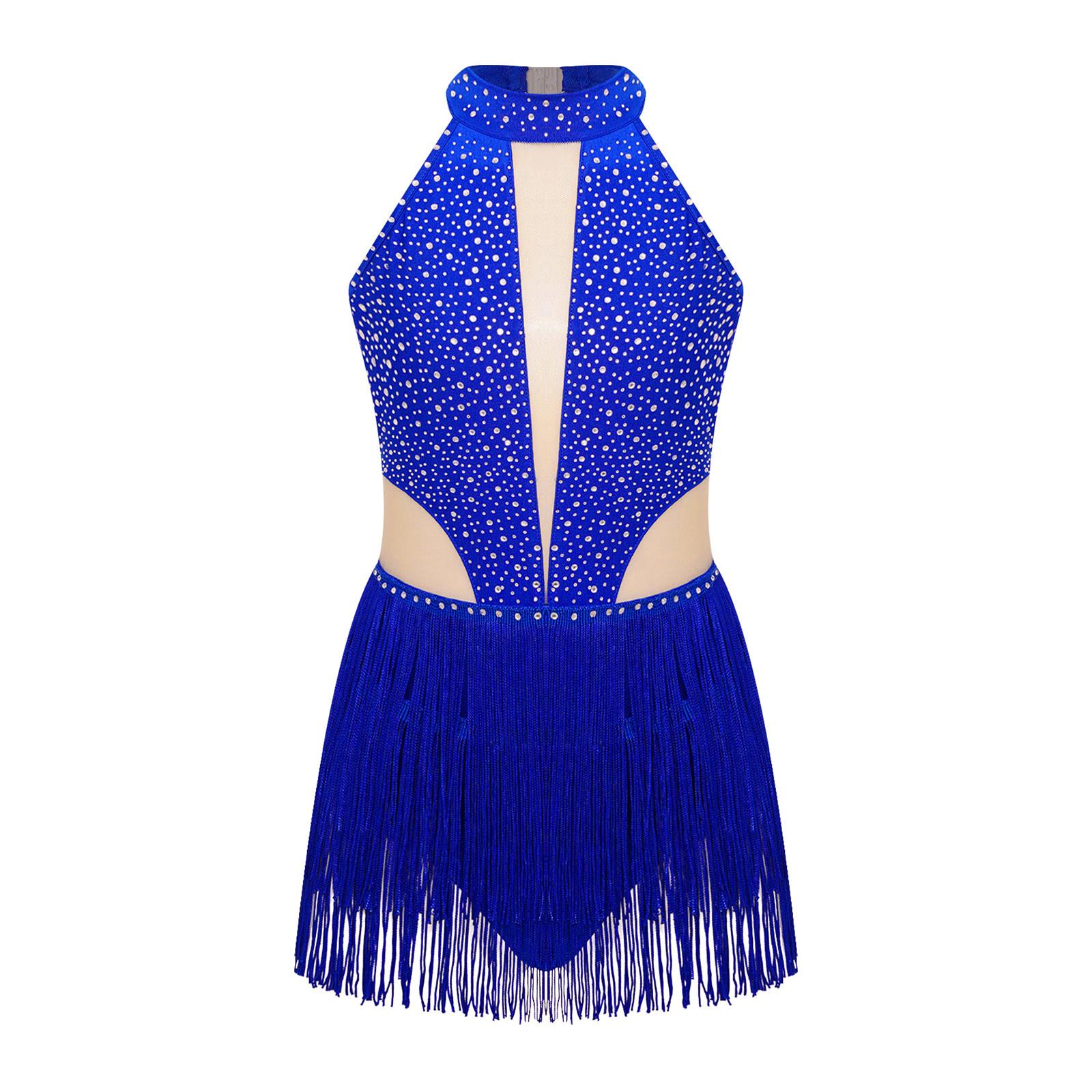 

Боди для танцев для девочек со стразами, без рукавов, с открытой спиной и бахромой для выступлений и соревнований по латиноамериканским танцам 5-6 Years синий