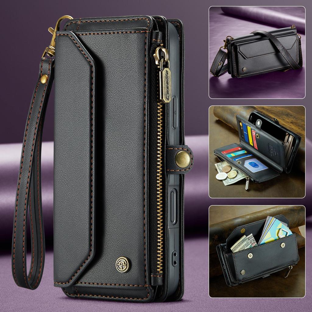 CaseMe (C36) Crossbody Wallet Case For iPhone 13 14 15 16 Pro Max Zipper Wrise Multi-functional Flip PU Leather Card Slots Holder Cover Protector