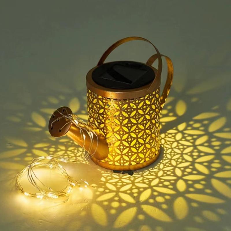 Hollow Wrought Iron Star Shower Lamp Solar Watering Can Fairy Light Garden Decoration Shower& Light Lawn Courtyard Decorations S-Kettle light-warm white
