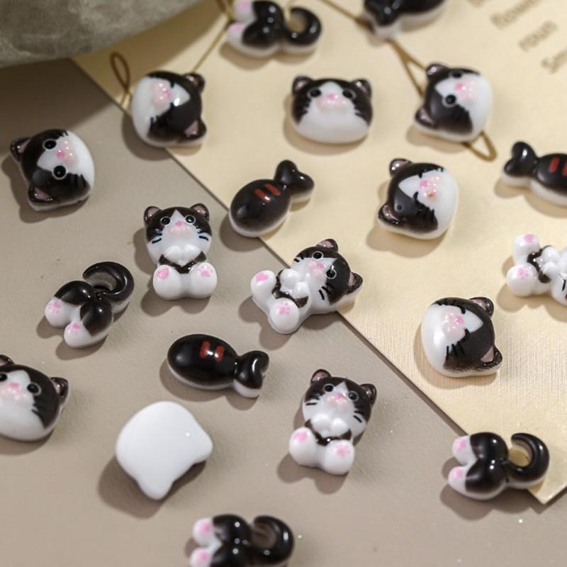10Pcs Black And White Cat Nail Accessories Cartoon 3D Cute Cat Butt Small Fish Resin Nail Decoration Manicure Jewelry Diy