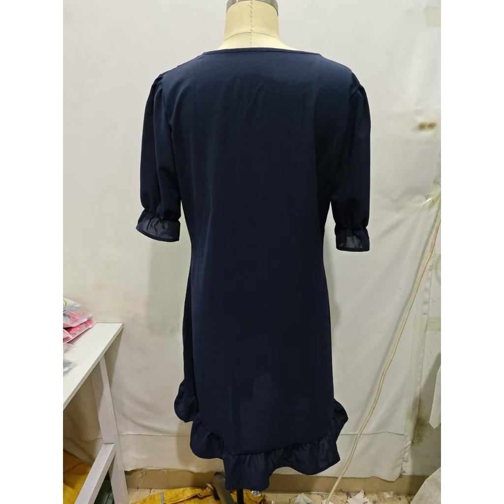 Spring Summer Women's Vintage Cotton Linen Dress, European American Style Solid Color Round Neck Half Sleeve Loose Flowy Midi Dress for Casual
