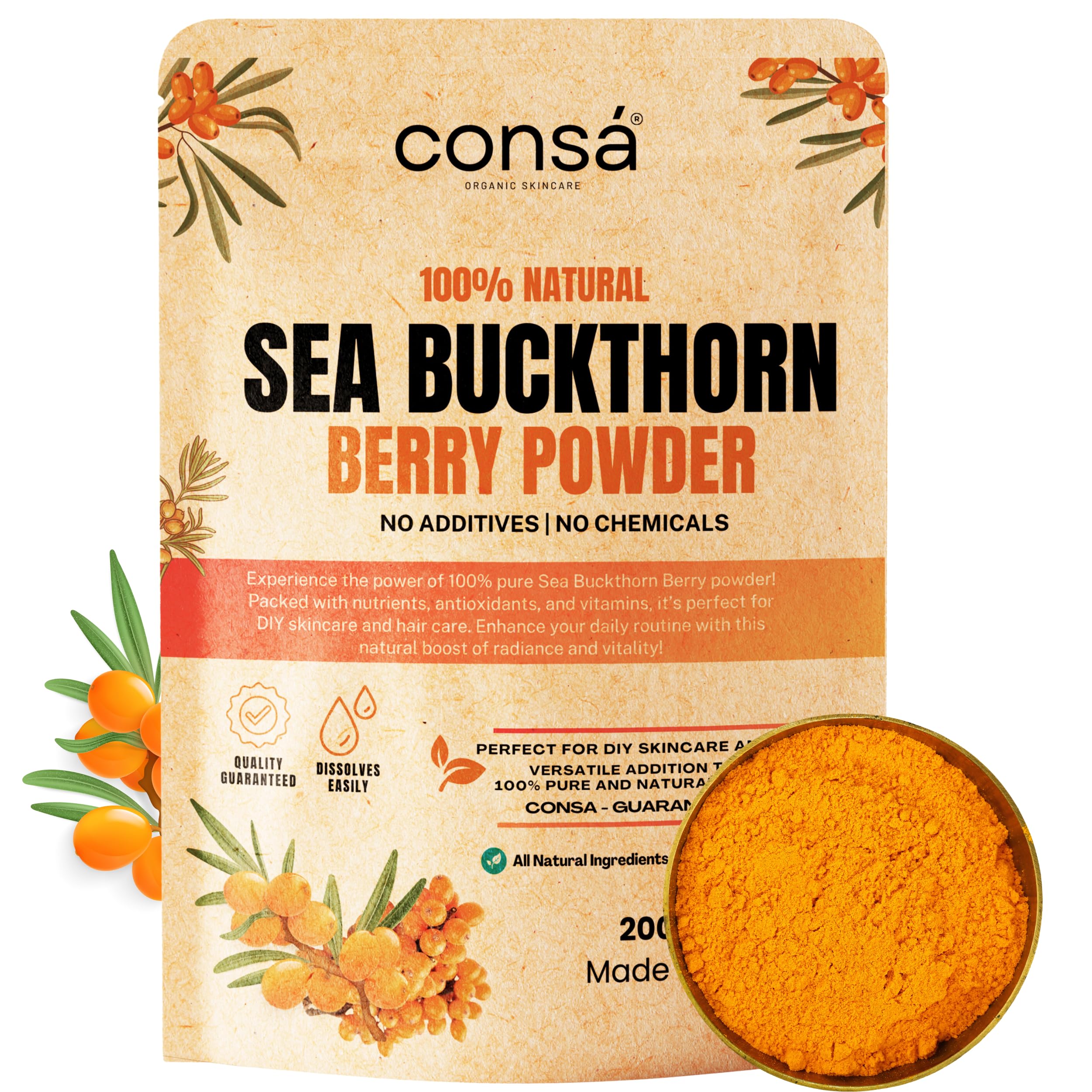 CONSA Organic Sea Buckthorn Berry Powder (200 Gram) - 100% Pure Sea Buckthorn Powder - Source of Various Vitamins & Minerals