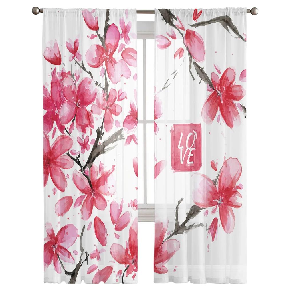 Art Cherry Blossom Branch Moderní tištěné tylové závěsy do ložnice Balkonová výzdoba oken Kreativní móda Domácí průsvitná záclona