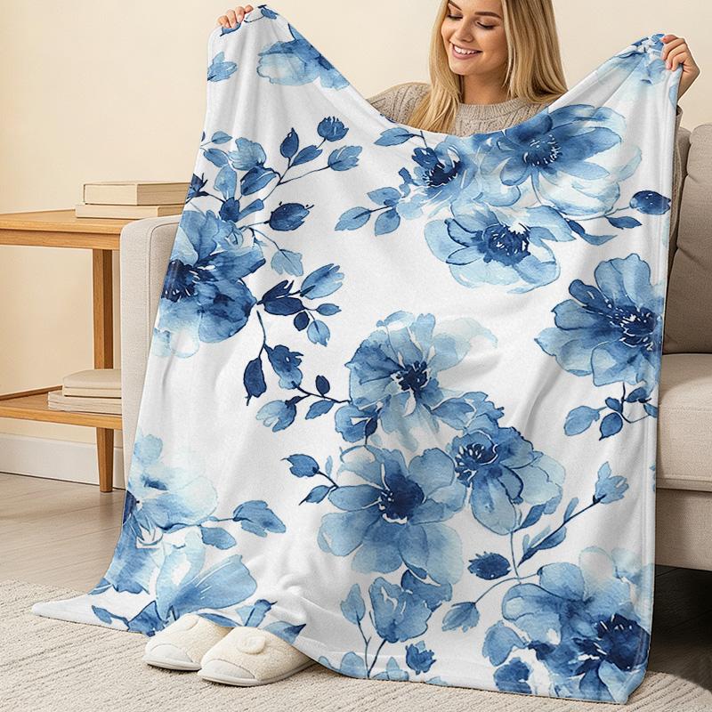 Soft Flannel Fleece Blanket, Blue Floral Pattern Machine Washable, Warm Cozy Throw for Home, Office Napping, Christmas & Halloween