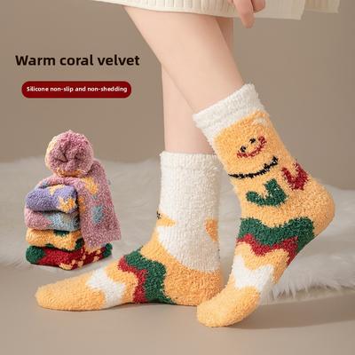 Calzini in Velluto Corallo da Donna Ispessiti Antipelucchi Cartone Animato Pelosi Jacquard Calzini da Notte Pavimento Antiscivolo Caldi Calzini da Casa