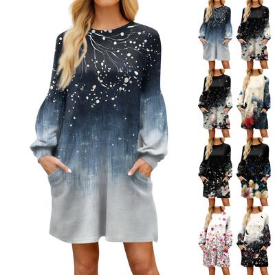 Fashion Womens Long Sleeve A Line Dress Fall Casual Pullover Crewneck Loose Fit Dress With Pockets