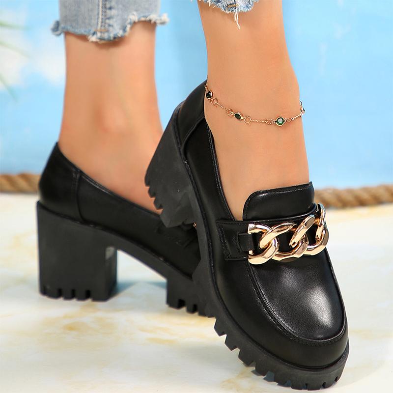Fashion Chain High Heels Woman Loafers Shoes Leather Chunky Fashion Dress Walking Shoes Women 2024 Trend Pumps Elegant Zapatillas Female
