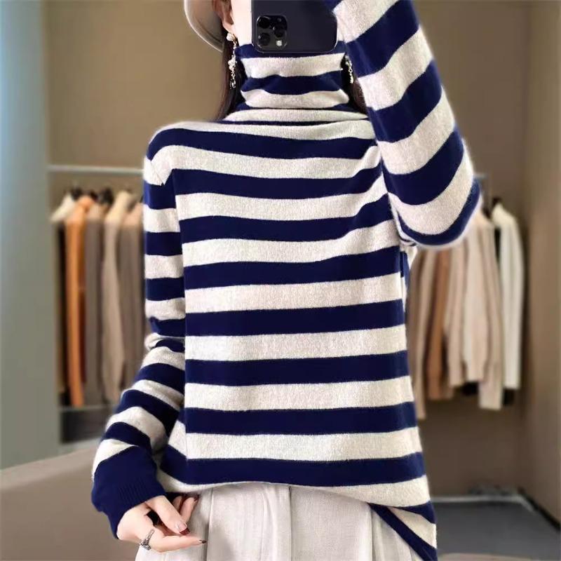 Autumn and Winter New Knitted Sweater Women's Striped Bottoming Shirt Stack Collar Pullover Andy Fleece Top Loose and Thin Sweater