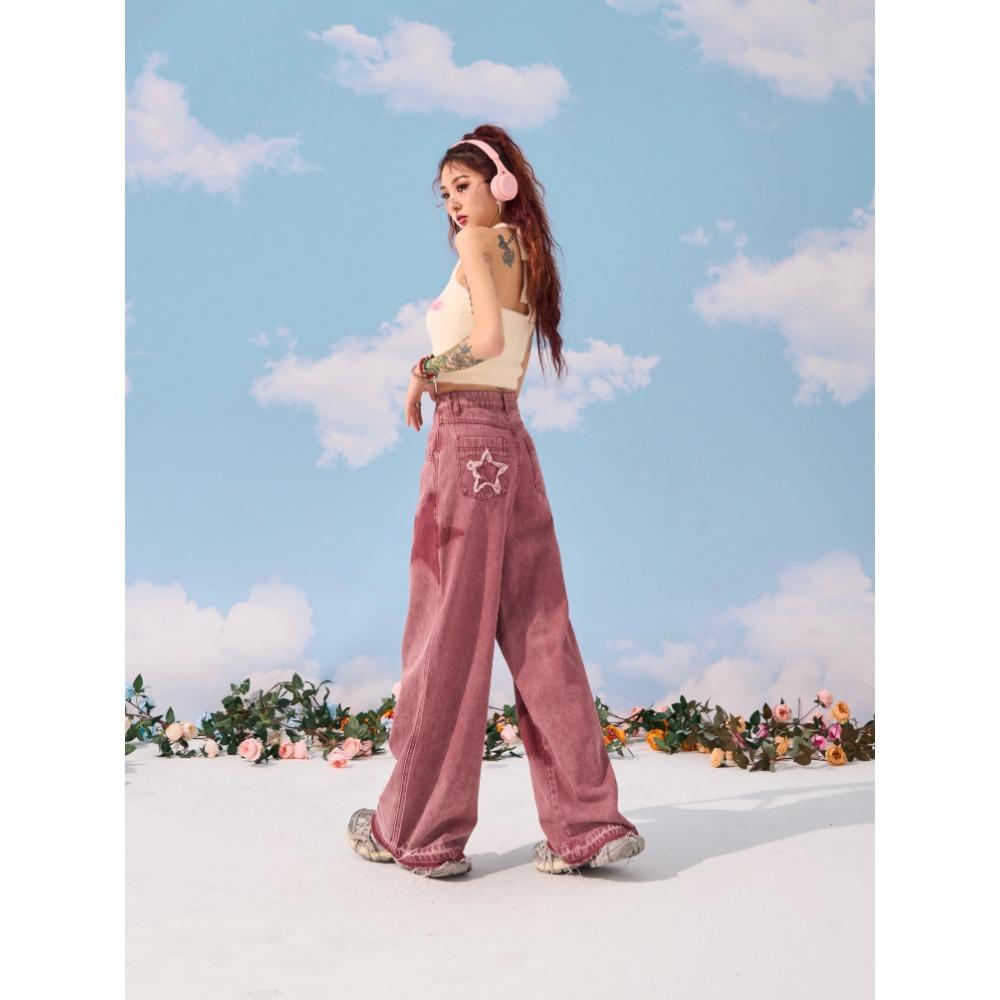 Pink Star Jeans mit geradem Bein für Damen, Sommermode, Design-Feeling, Y2K, lockere und schmale High Street-Jeans mit weitem Bein