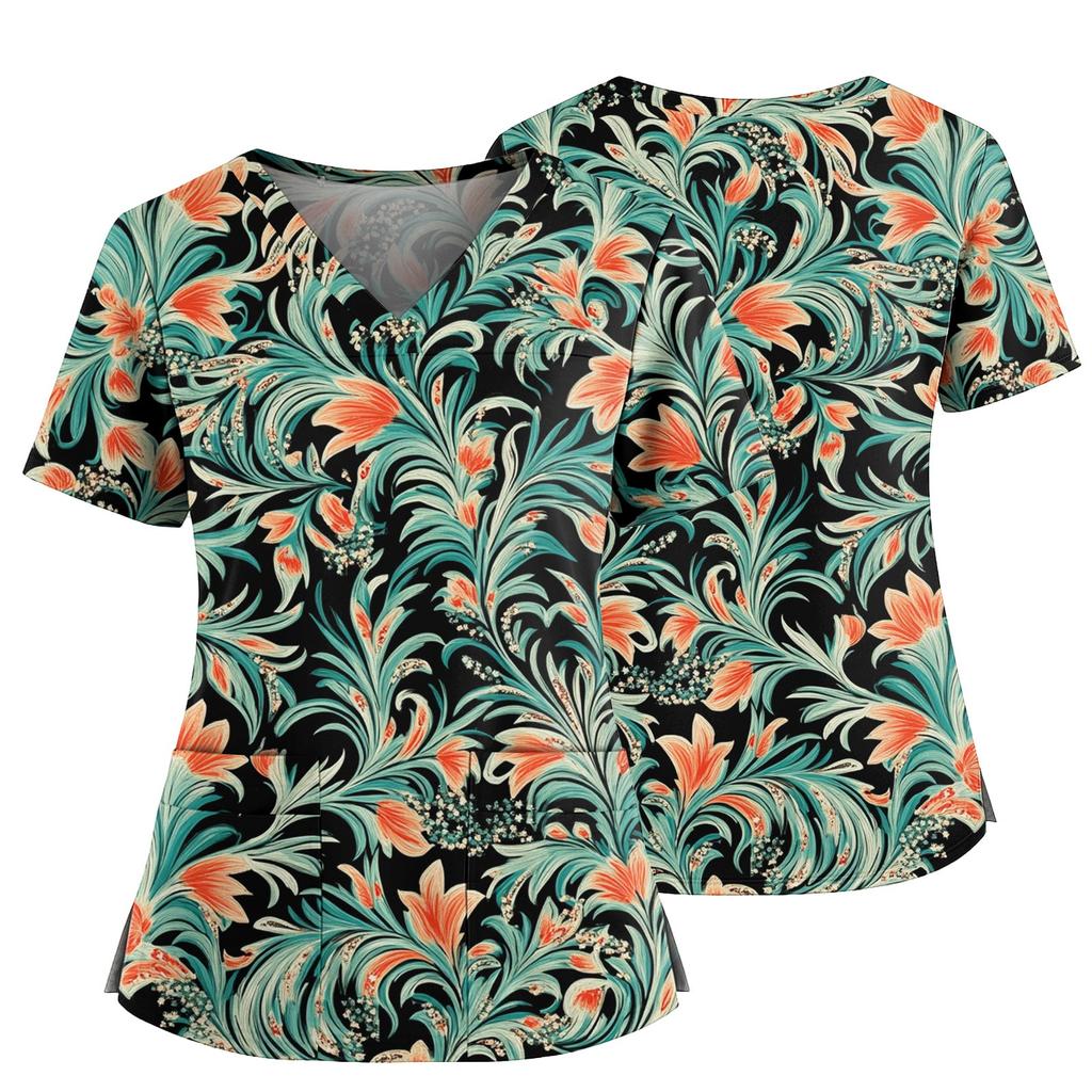 Women's Casual Printed V-Neck Pocket Side Slit Short Sleeved Top Short Sleeved Top