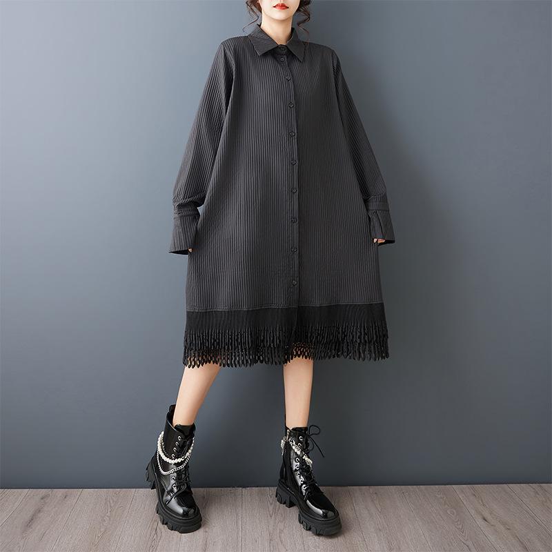 Real Spring Loose-Fit Niche Design Lace Patchwork Mid-Length Dress Plus Size Free Size