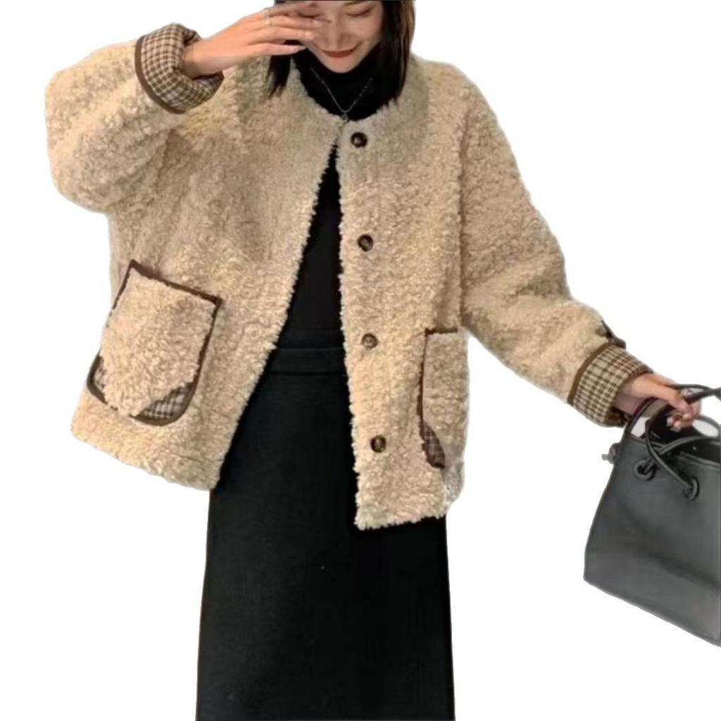 2025 Women's Casual Korean Style Lamb Wool Short Coat with Velvet Lining
