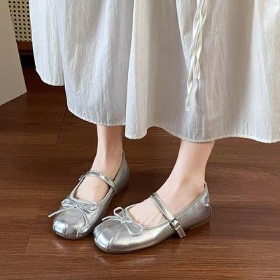 Bow Silver Single Shoes Women's Autumn New Ballet Flats Mary Jane Small Leather Shoes