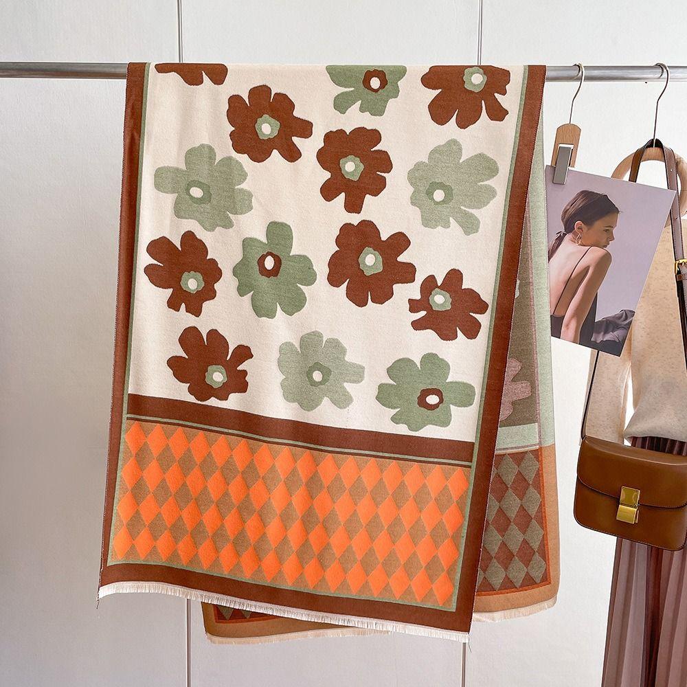 Flower Plaid Knitted Scarf Korean Style Floral Print Scarf Trendy Winter Cashmere Shawl  Lady