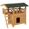 Outdoor Cat House with Terrace, Stairs, Roof, 77 x 50 x 73 cm, Natural and Green Wood