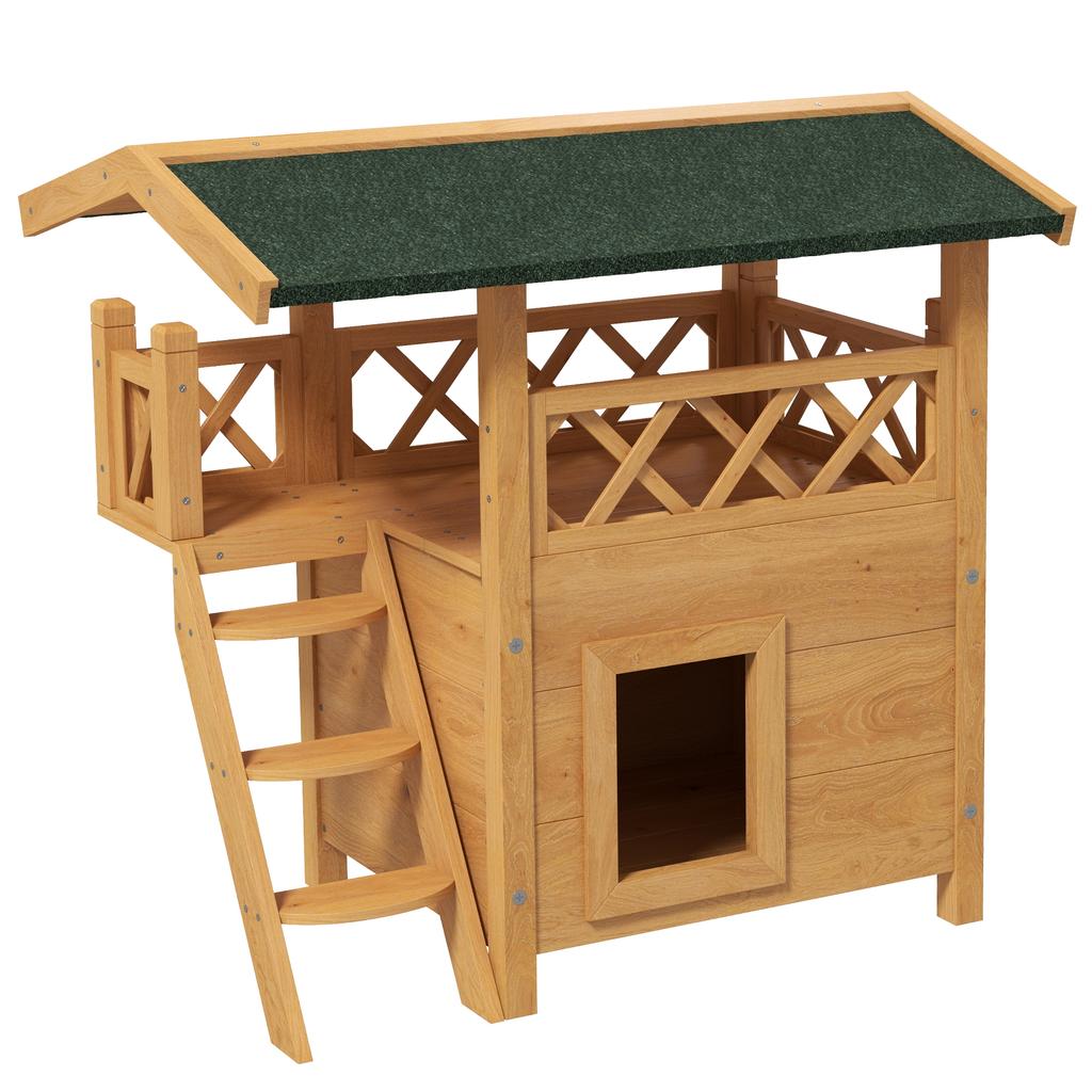 Outdoor Cat House with Terrace, Stairs, Roof, 77 x 50 x 73 cm, Natural and Green Wood