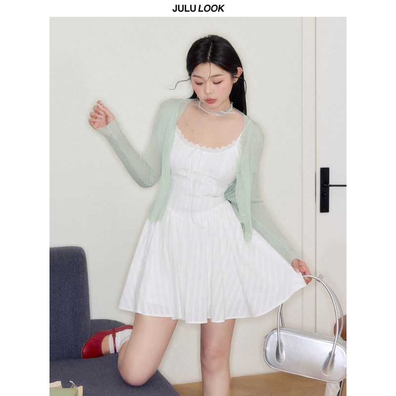 

Julu Studio Cloud Alice Gentle Ballet-Style Slimming Slip Dress for Slightly Plump Women, Plus-Size Dress Green Cardigan 2XL