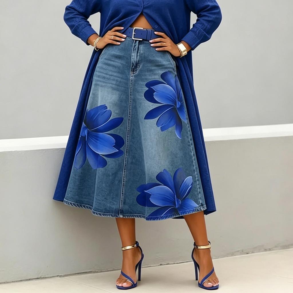 Women's Casual Floral Print Denim Skirt Mid Length A Line Denim Skirt with Floral Pattern for Summer Fashion