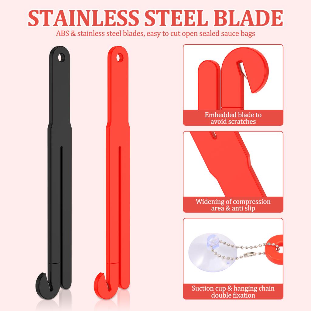 6Pcs Food Bag Opener with Stainless Steel Blade Quick Cut Food Packet Pouch Cutter Squeezer with Suction Cup and Hanging Chain