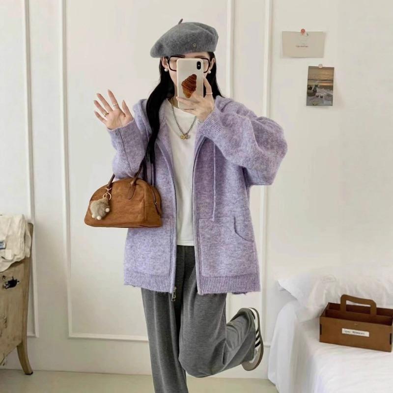 Autumn and Winter New Casual Versatile Hooded Zipper Knitted Cardigan Women's Loose Lazy Wind Thin Sweater Jacket