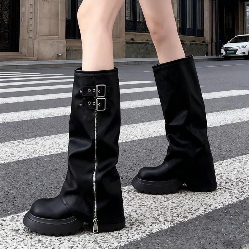 Thick-soled Tube Boots Stacking Boots Women's New Heightening Western Boots Long Boots High Knight Boots White High Heel Black